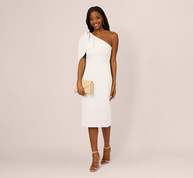 aidan mattox One Shoulder Midi Dress With Bow Accent In Ivory