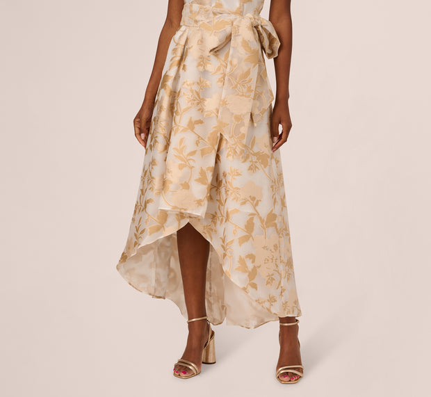 Aidan Mattox One Shoulder Organza Jacquard High Low Gown In Champagne Ivory