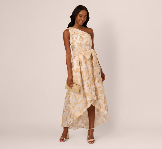 aidan mattox One Shoulder Organza Jacquard High Low Gown In Champagne Ivory