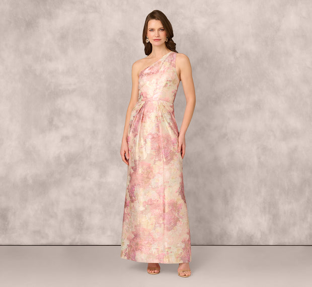 Aidan Mattox One Shoulder Pleated Jacquard Column Gown In Pink Multi