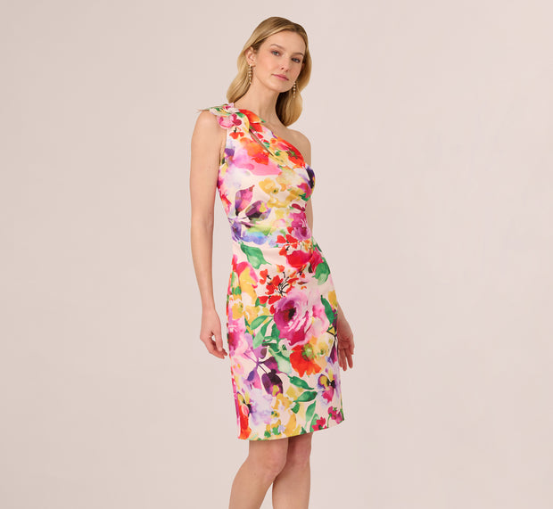 Aidan Mattox One Shoulder Rosette Floral Sheath Dress In Pink Multi