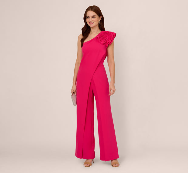 Aidan Mattox One Shoulder Rosette Overlay Jumpsuit In Geranium