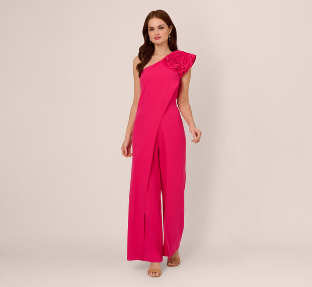 Aidan Mattox One Shoulder Rosette Overlay Jumpsuit In Geranium