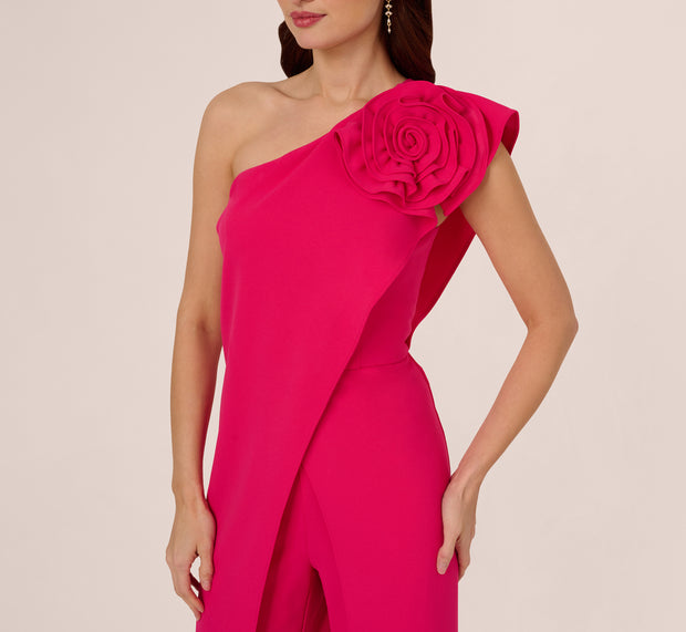 Aidan Mattox One Shoulder Rosette Overlay Jumpsuit In Geranium