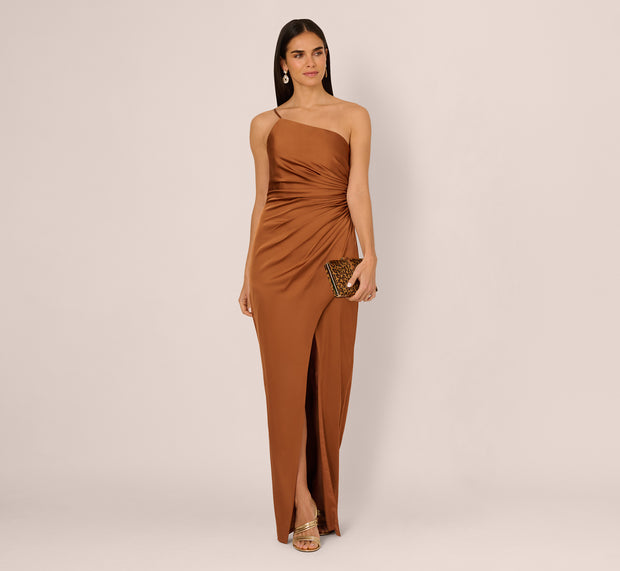 Aidan Mattox One Shoulder Ruched Satin Gown In Cinnamon