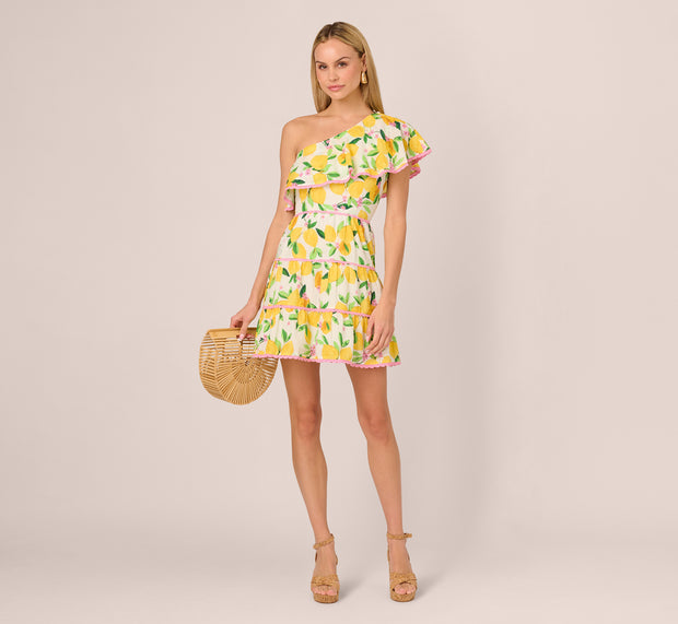 Aidan Mattox One Shoulder Ruffle Lemon Print Mini Dress In White Multi