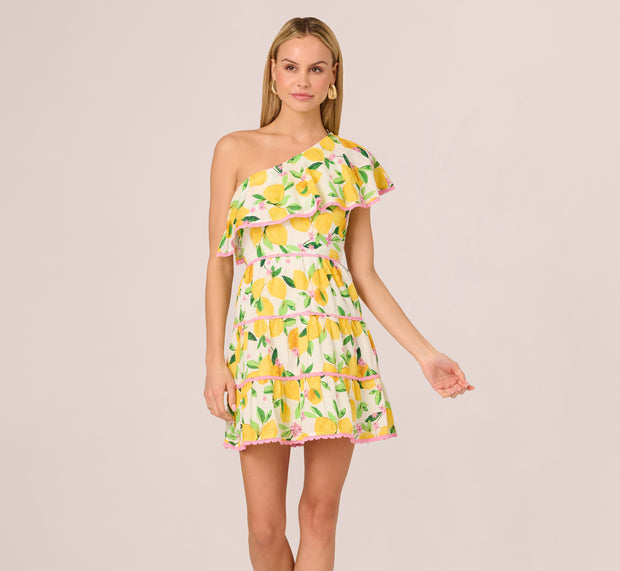 Aidan Mattox One Shoulder Ruffle Lemon Print Mini Dress In White Multi