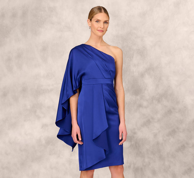 Aidan Mattox One-Shoulder Satin Draped Sheath Dress With Crepe Back And Cape In Roy