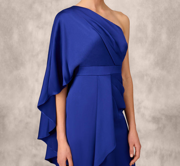 Aidan Mattox One-Shoulder Satin Draped Sheath Dress With Crepe Back And Cape In Roy