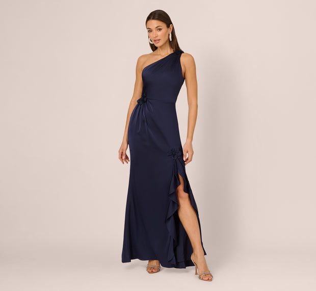 Aidan Mattox One Shoulder Satin Floral Applique Gown In Dark Navy