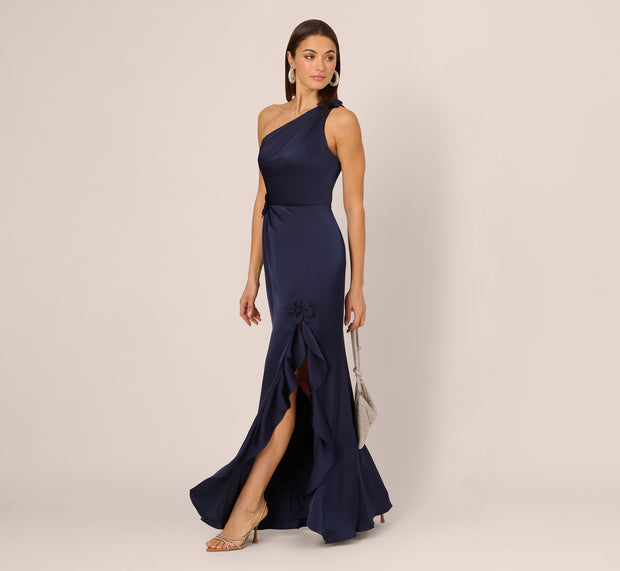 aidan mattox One Shoulder Satin Floral Applique Gown In Dark Navy