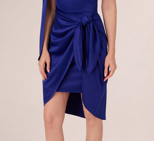 Aidan Mattox One Shoulder Satin Knot Draped Midi Dress In Dark Blue Violet