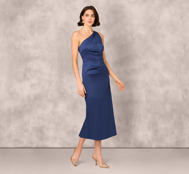 Aidan Mattox One Shoulder Satin Pleat Midi Dress In Navy