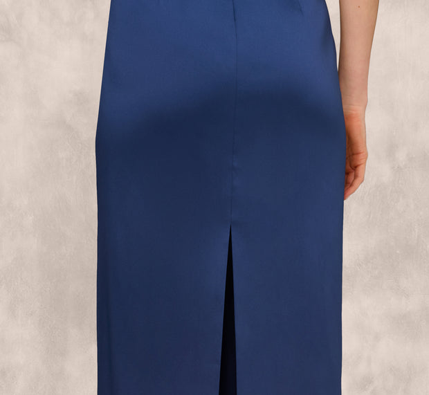 Aidan Mattox One Shoulder Satin Pleat Midi Dress In Navy