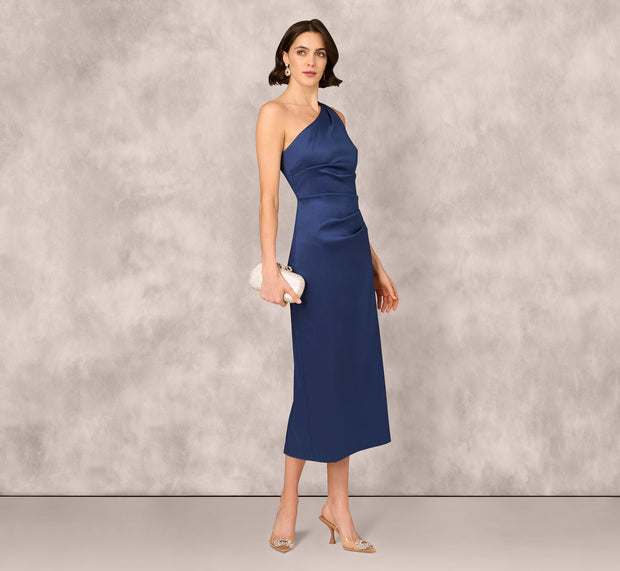 aidan mattox One Shoulder Satin Pleat Midi Dress In Navy