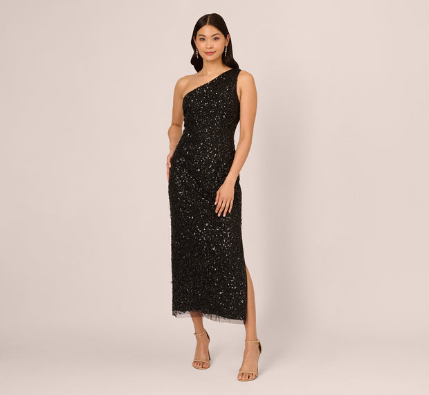 Aidan Mattox One Shoulder Sequin Beaded Ankle Length Dress In Black