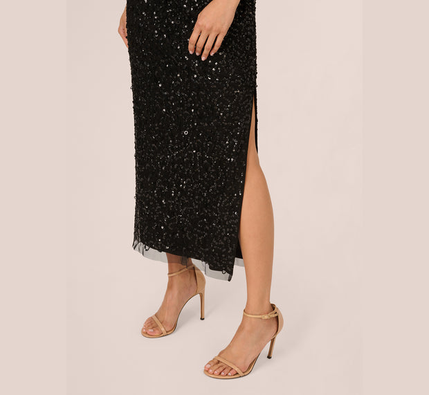 Aidan Mattox One Shoulder Sequin Beaded Ankle Length Dress In Black