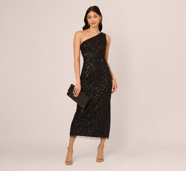 aidan mattox One Shoulder Sequin Beaded Ankle Length Dress In Black