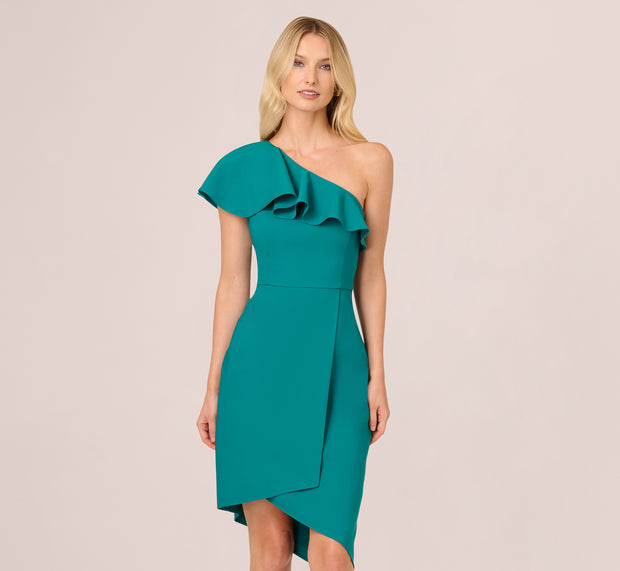 Aidan Mattox One Shoulder Stretch Crepe Short Dress In Deep Emerald