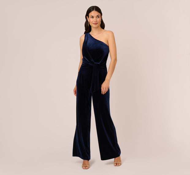 Aidan Mattox One Shoulder Velvet Jumpsuit With Draped Accent In Midnight