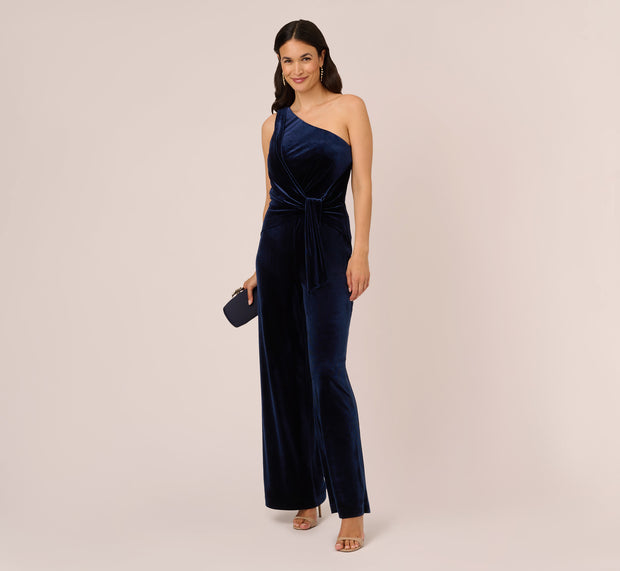 aidan mattox One Shoulder Velvet Jumpsuit With Draped Accent In Midnight