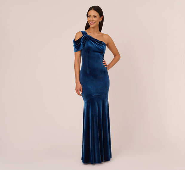 Aidan Mattox One Shoulder Velvet Mermaid Gown With Drape Sleeve In Ocean Wave