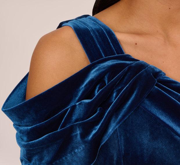 Aidan Mattox One Shoulder Velvet Mermaid Gown With Drape Sleeve In Ocean Wave