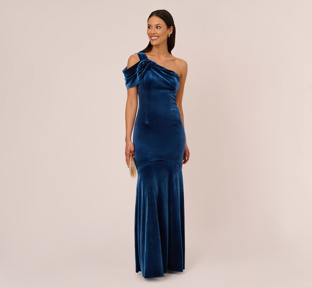 aidan mattox One Shoulder Velvet Mermaid Gown With Drape Sleeve In Ocean Wave