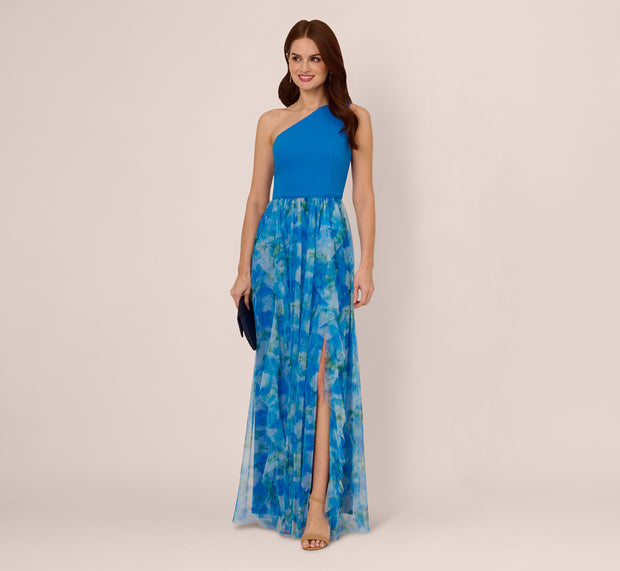 Aidan Mattox One Shoulder Watercolor Combo Gown In Blue Multi