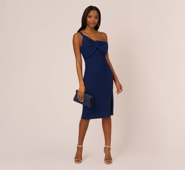 aidan mattox One Sleeve Sheath Dress With Bow Neckline In Navy Sateen