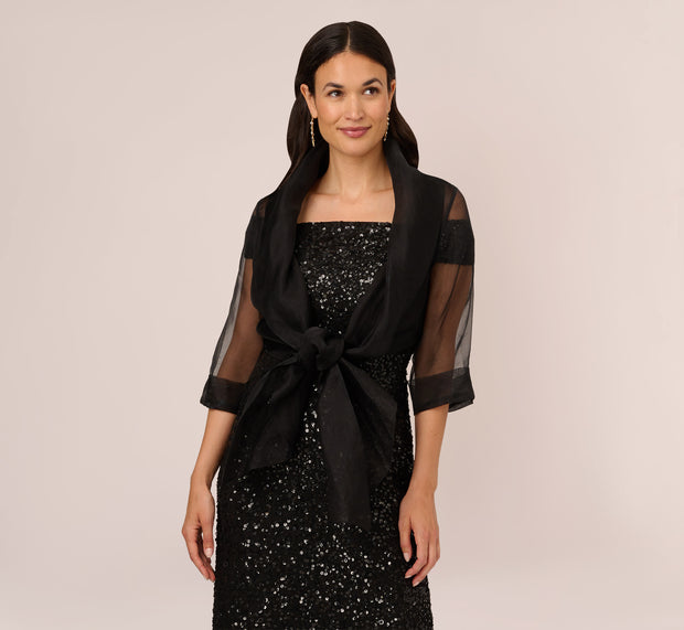 Aidan Mattox Organza Wrap Jacket With Short Sleeves In Black