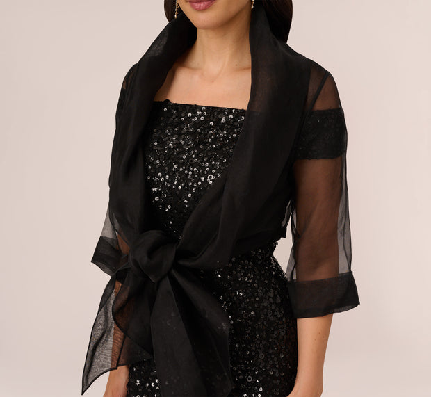 Aidan Mattox Organza Wrap Jacket With Short Sleeves In Black