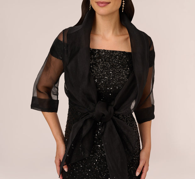 Aidan Mattox Organza Wrap Jacket With Short Sleeves In Black