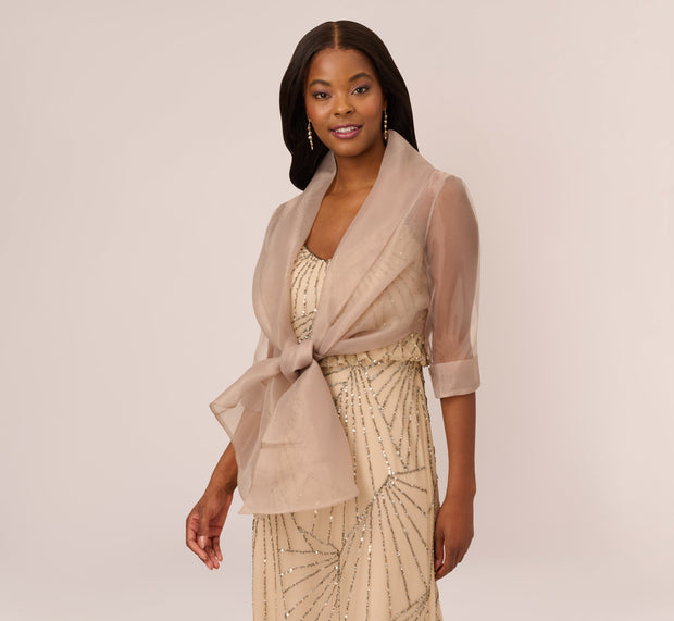 Aidan Mattox Organza Wrap Jacket With Short Sleeves In Champagne