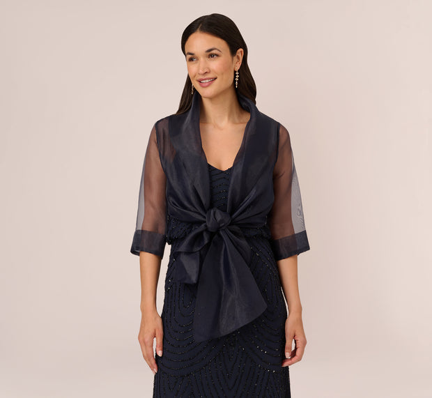 Aidan Mattox Organza Wrap Jacket With Short Sleeves In Midnight