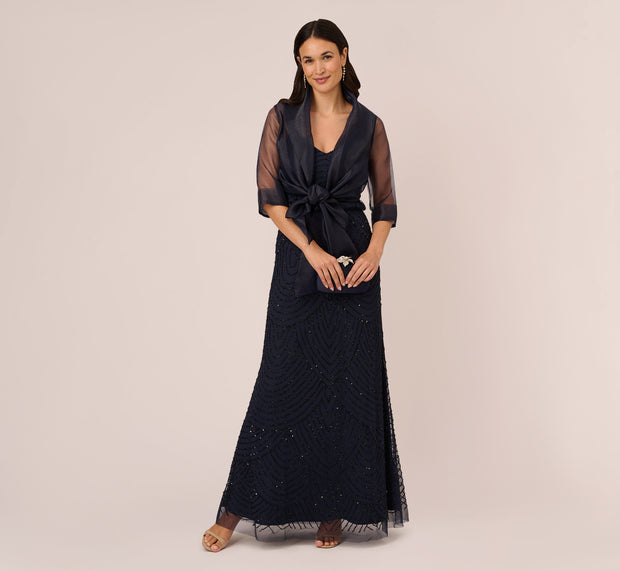 aidan mattox Organza Wrap Jacket With Short Sleeves In Midnight