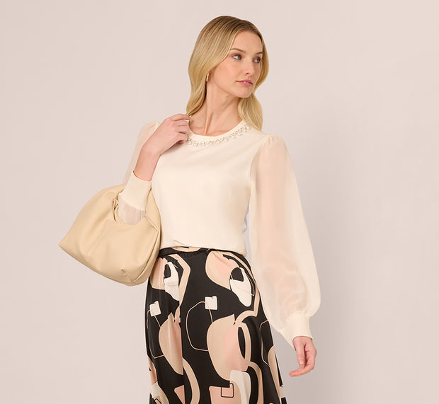 aidan mattox Pearl Trim Chiffon Sleeves Pullover Sweater In Winter White