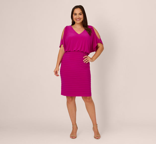 Aidan Mattox Plus Size Blouson Pintucked Dress With Cold Shoulder Sleeves In Hot Ma