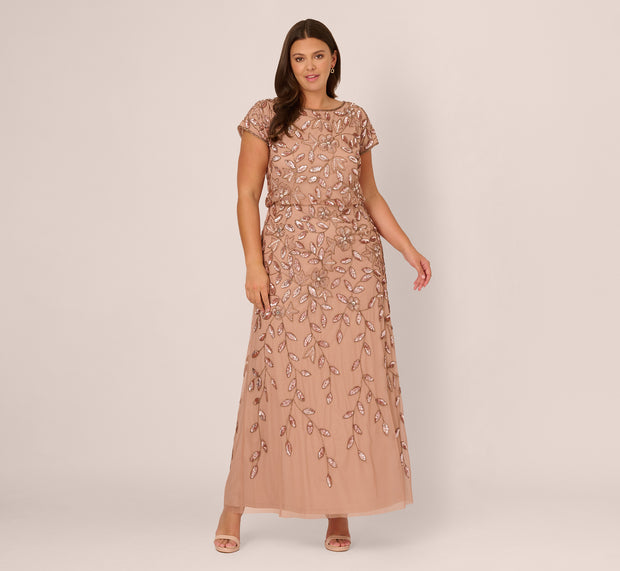 Aidan Mattox Plus Size Blouson Short Sleeve Beaded Long Dress In Rose Gold