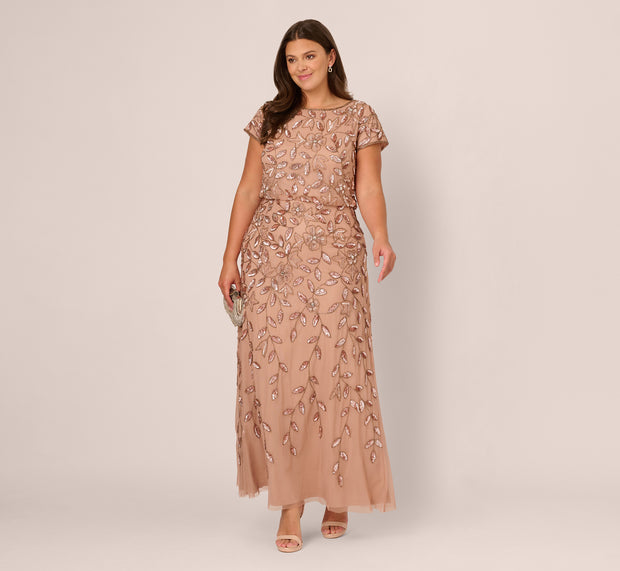aidan mattox Plus Size Blouson Short Sleeve Beaded Long Dress In Rose Gold aidan mattox Plus Size Blouson Short Sleeve Beaded Long Dress In Rose Gold