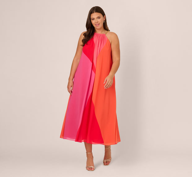 Aidan Mattox Plus Size Color Block Chiffon Trapeze Dress With Chain Halter Neckline