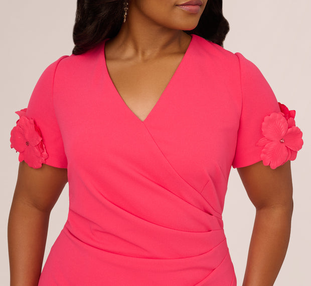 Aidan Mattox Plus Size Crepe Faux Wrap Sheath Dress With Floral Accent Short Sleeve