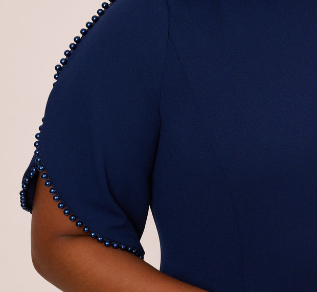 Aidan Mattox Plus Size Crepe Midi Length Sheath Dress With Pearl Trimmed Sleeves In