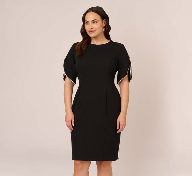 Aidan Mattox Plus Size Crepe Midi Length Sheath Dress With Pearly Trim In Black