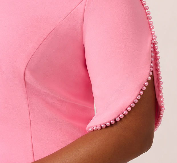 Aidan Mattox Plus Size Crepe Midi Length Sheath Dress With Pearl Trimmed Sleeves In