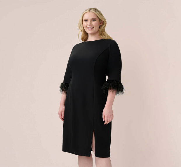 Aidan Mattox Plus Size Crepe Sheath Dress With V-Back And Feather-Trim Sleeves In B