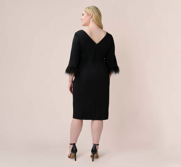 Aidan Mattox Plus Size Crepe Sheath Dress With V-Back And Feather-Trim Sleeves In B