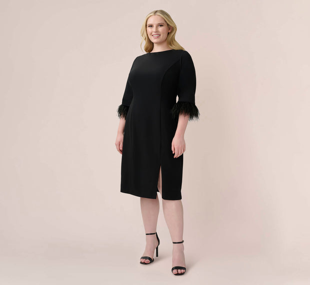 aidan mattox Plus Size Crepe Sheath Dress With V-Back And Feather-Trim Sleeves In B