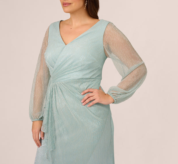 Aidan Mattox Plus Size Crinkle Metallic Gown With Sheer Bishop Sleeves And Draped D