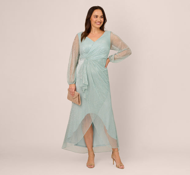 aidan mattox Plus Size Crinkle Metallic Gown With Sheer Bishop Sleeves And Draped D